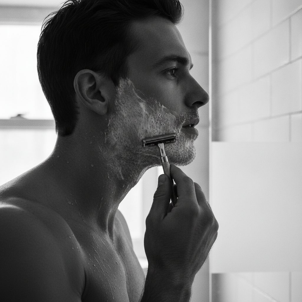 Straight razor and leather strop editorial